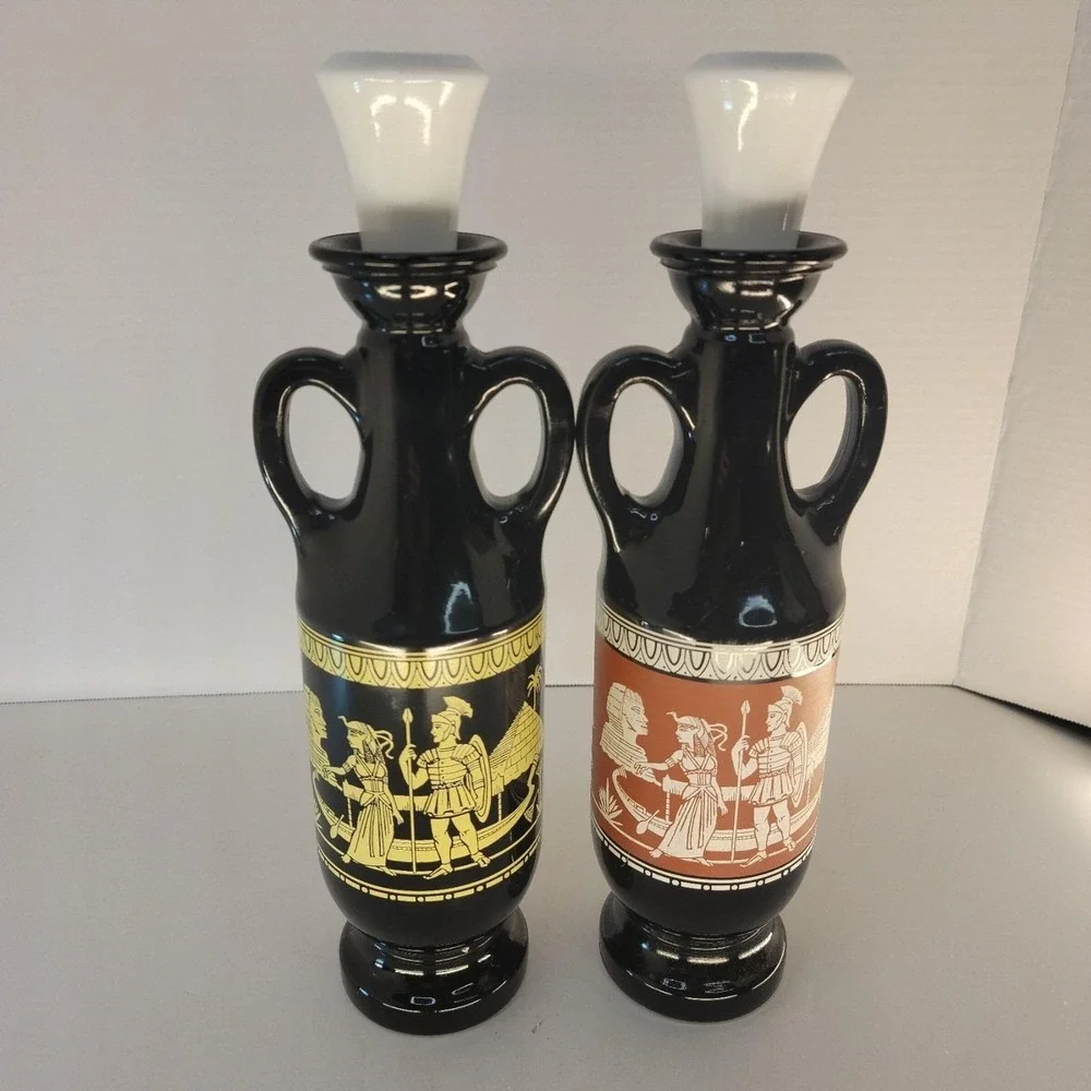 Vintage 1962 Cleopatra Egyptian Decanter Pair D-334 Black Glass